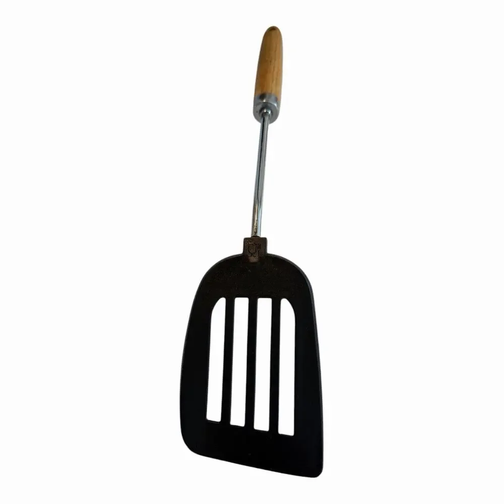 Vintage EKCO Nylon Slotted Spatula Round Wood Handle Round Stainless Steel Shaft